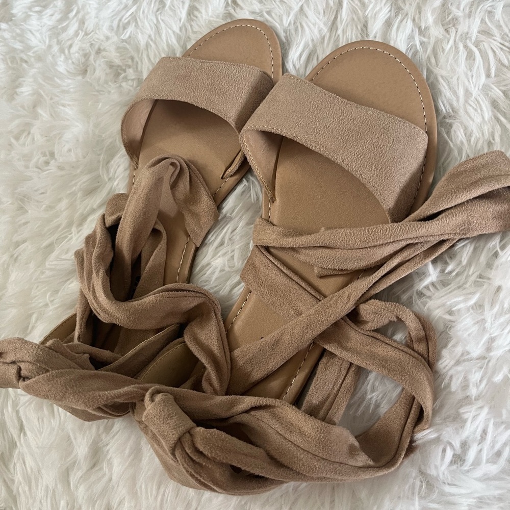 Fashion Nova lace up tie up tan suede sandals